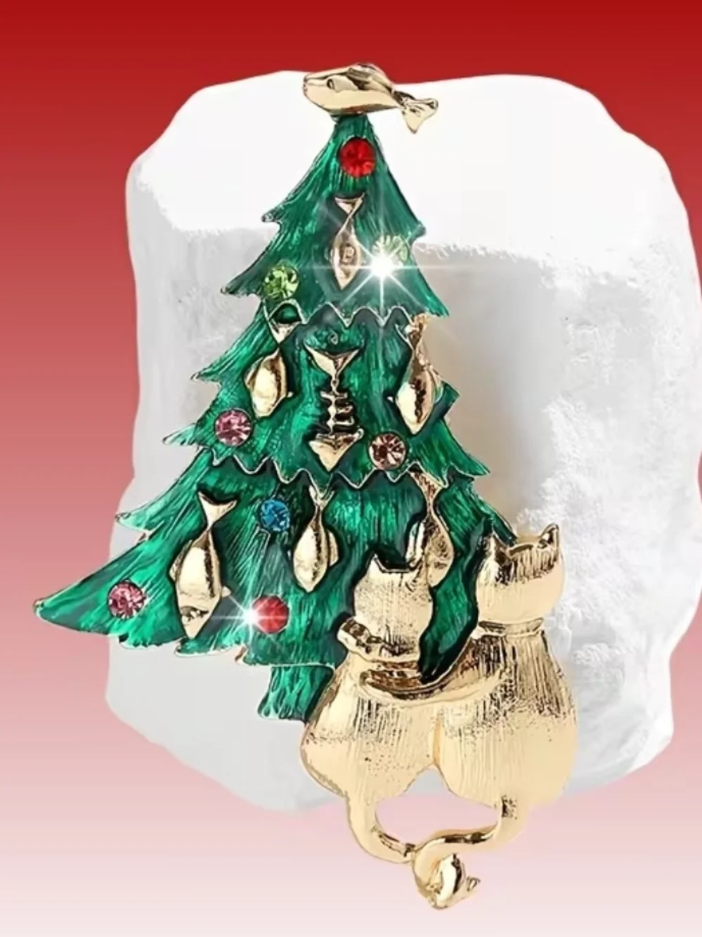 Green Enamel Christmas Tree Brooch with Gold-tone Cats